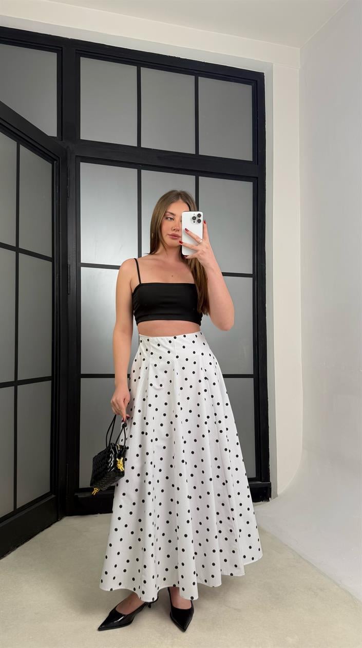 Beyaz Puantiye Desenli Premium Poplin Etek GAUS-01261