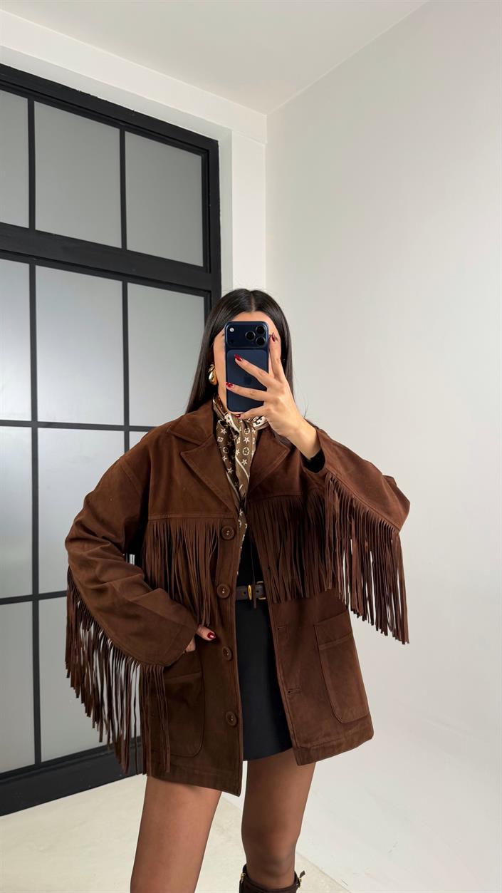 Acı Kahve Püskül Detaylı Astarlı Süet Ceket GAUS-00682