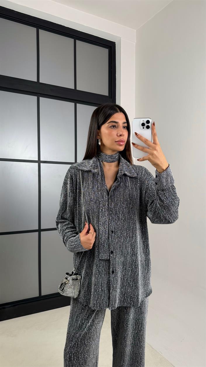 Gri Taş Detaylı Kuşaklı Gömlek Beli Lastikli Pantolon Tasarım Takım GAUS-00165