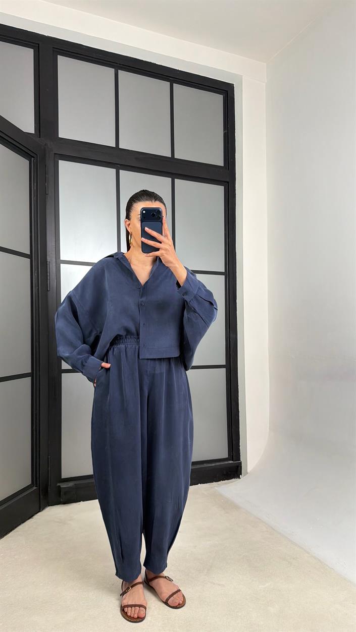 Lacivert MD Muadil Gömlek Beli Lastikli Şalvar Pantolon Tencel Takım GAUS-01500