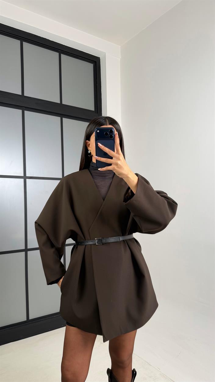 Acı Kahve Kemerli Astarlı Cepli Premium Ceket GAUS-00818