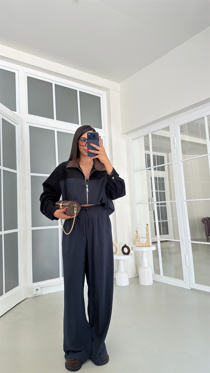 Lacivert İPKYL Deri Yakalı Astarlı Denim Detaylı Ceket Beli Lastikli Pantolon İkili Tencel Takım GAUS-01842