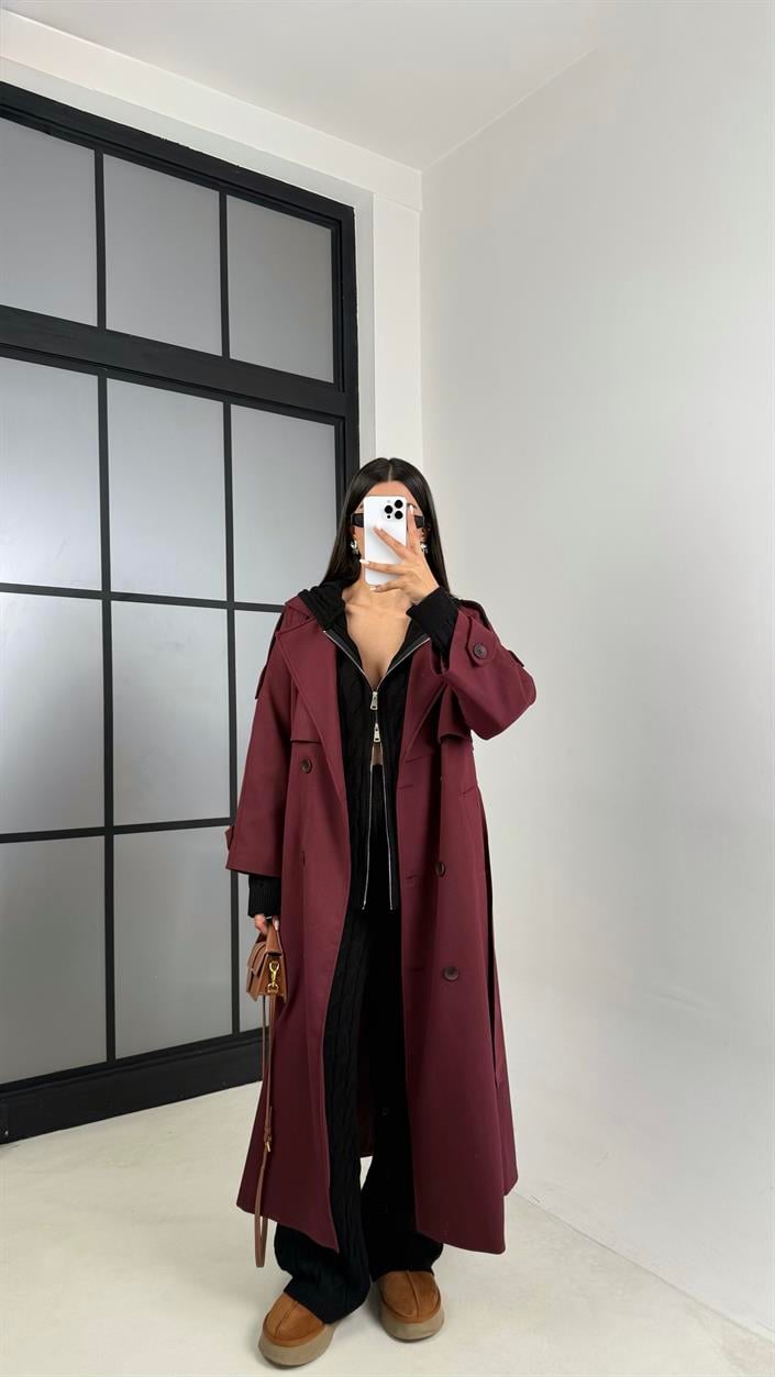 Bordo Astarlı Kuşaklı Premium Trençkot GAUS-00516