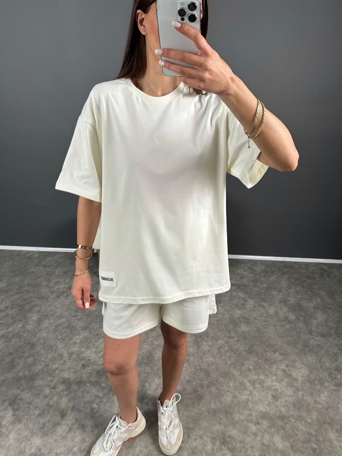 Ekru Premium Etiketli Oversize Şortlu İkili Takım 