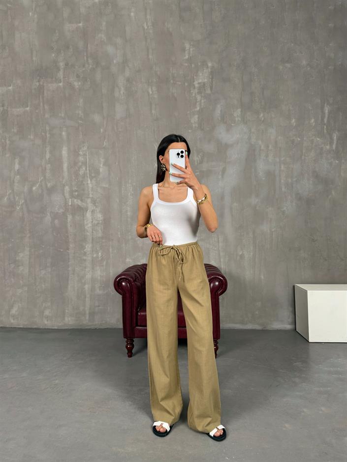 Haki Beli Lastikli Keten Pantolon Gaus00237