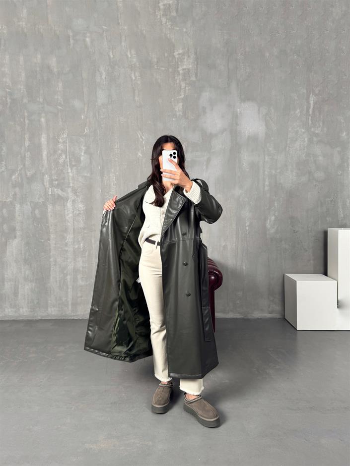 Vinta Haki Astarlı Kuşaklı Deri Trençkot