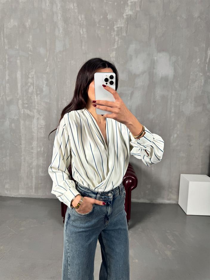 Fanya Mavi Çizgili Ekru Saten Vatkalı Bodysuit