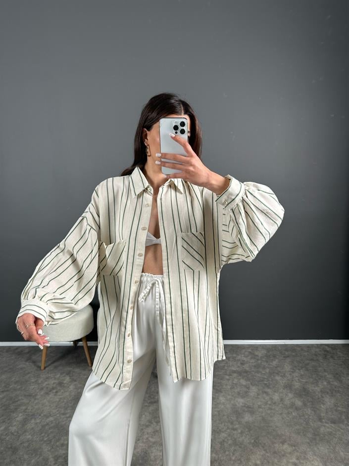 Yeşil Çizgili Keten Oversize Gömlek