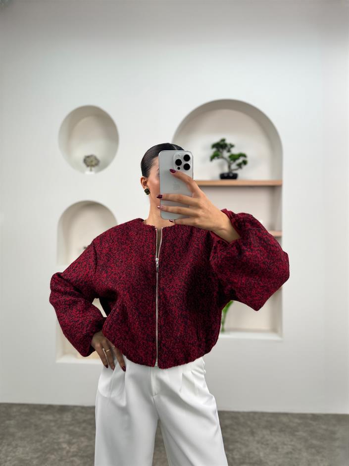 Betty Bordo ZR Model Balon Kollu Astarlı Kaşe Bomber Ceket