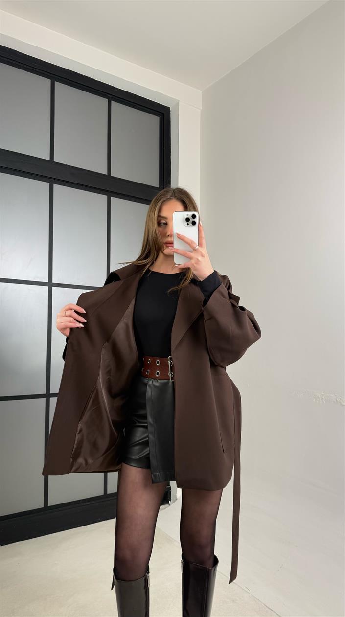 Acı Kahve Astarlı Kuşaklı Premium Trençkot GAUS-00977