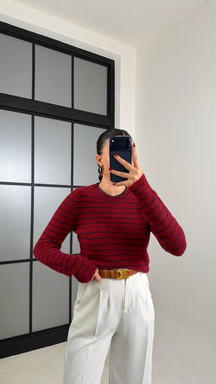 Bordo Çizgili Yumuşak Dokulu Kazak GAUS-00693