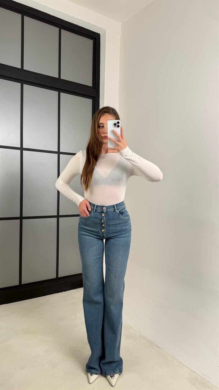 Mavi Düğme Detaylı İspanyol Paça Cep Etiketli Tasarım Jean GAUS-00742