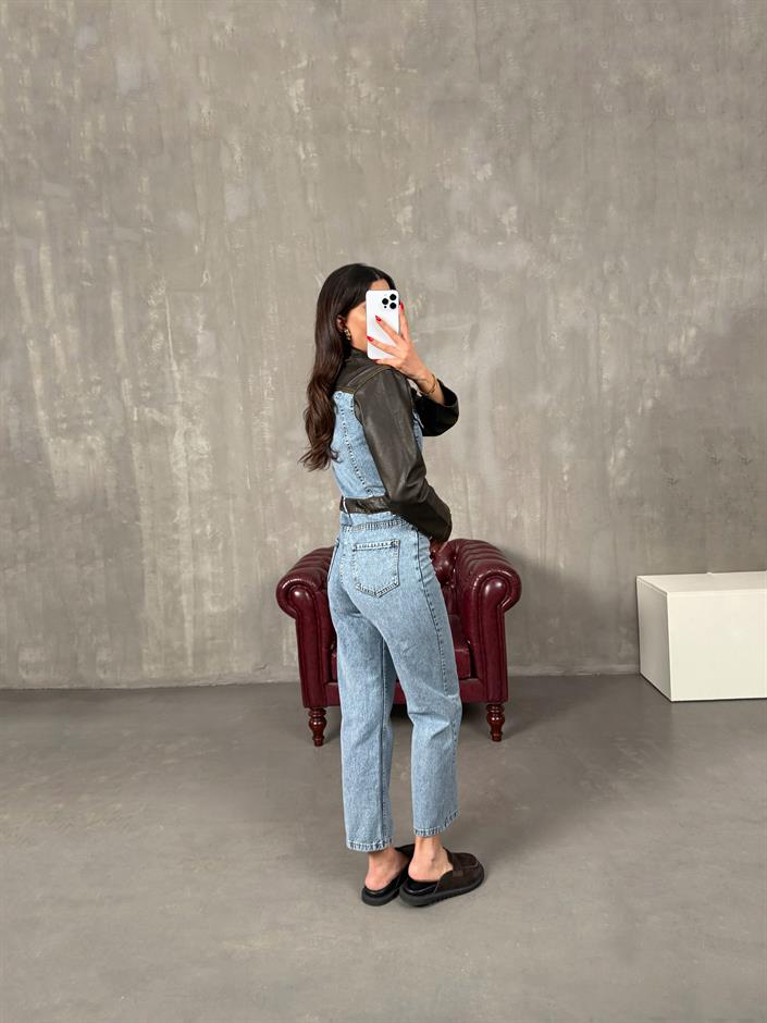 Barnes Eskitme Deri Detaylı Premium Tasarım Denim Tulum