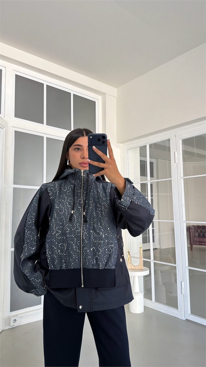 Lacivert Pullu Beli Lastikli Ceket Pantolon Paraşüt Detaylı Modal Takım GAUS-02048
