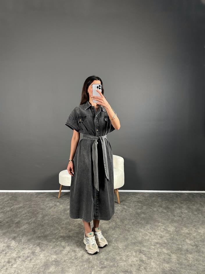 Vogi Füme Premium Kalite Oversize Uzun Kemerli Kot Elbise 