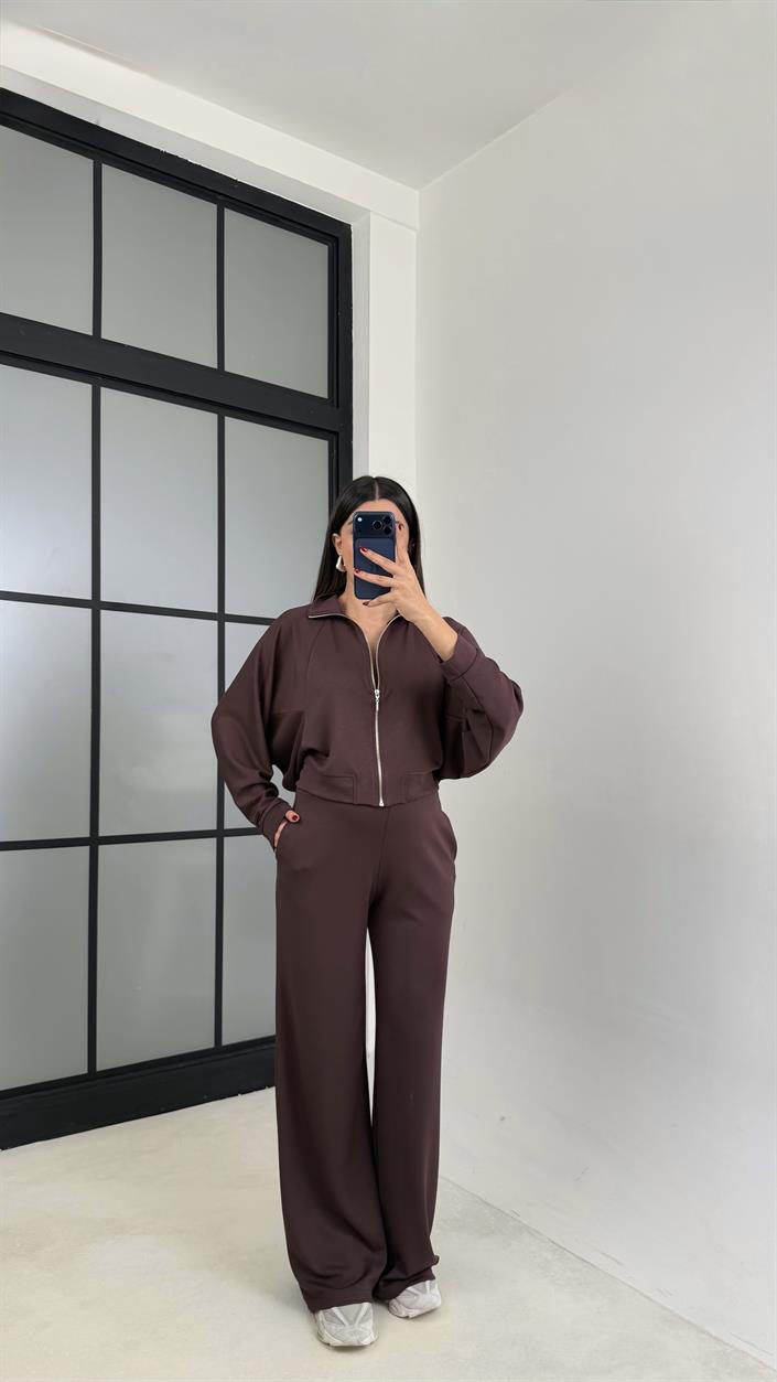 Acı Kahve Fermuarlı Hırka Beli Lastikli Pantolon Modal Takım GAUS-00665