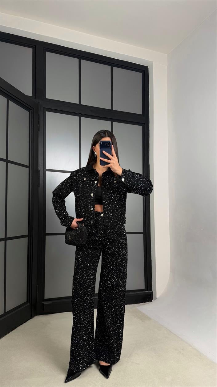 Siyah Premium Taşlı Denim İkili Takım GAUS-01191