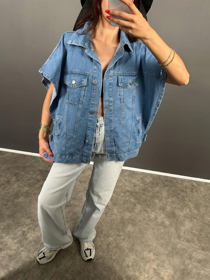 Laswel Mavi Yarasa Kol Tasarım Denim Kot Yelek 