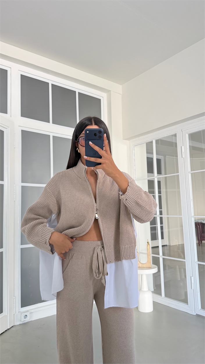 Vizon Gömlek Detaylı Örme Hırka Beli Lastikli Cepli Pantolon İkili Triko Takım GAUS-02132