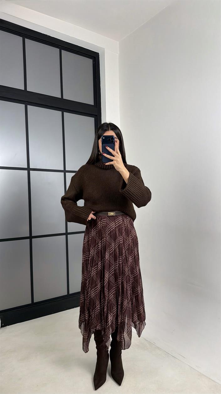 Kahve Ekose Desenli Astarlı Şifon Etek GAUS-00725