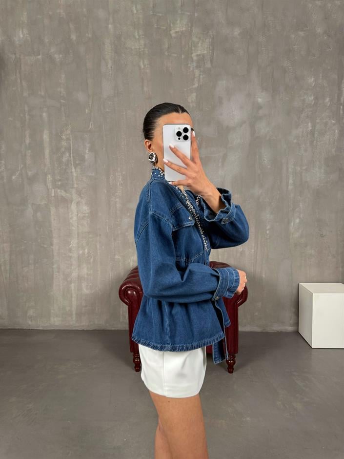 Mavi Boncuk İşlemeli Belden Lastikli Denim Tasarım Ceket Gaus00028