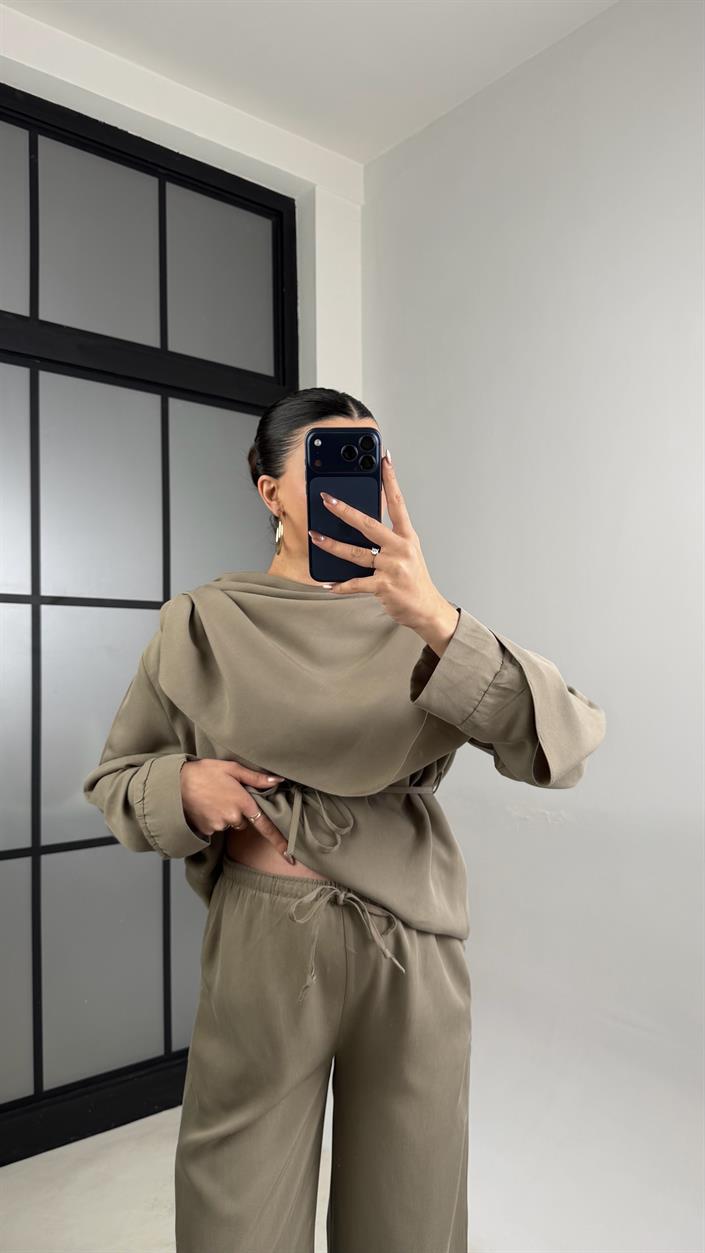 Haki Şal Detaylı Belden Kuşaklı Beli Lastikli İthal Kumaş İkili Takım GAUS-01154