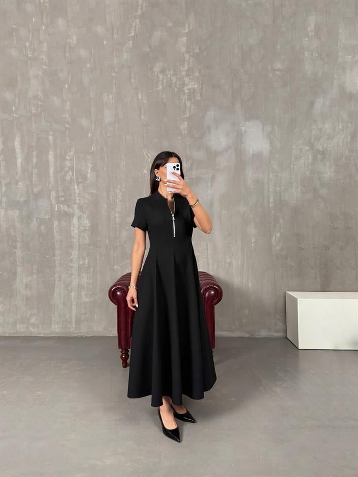 Fiyona Siyah Önü Fermuar Detaylı Kısa Kollu Cepli Premium Pinterest Elbise