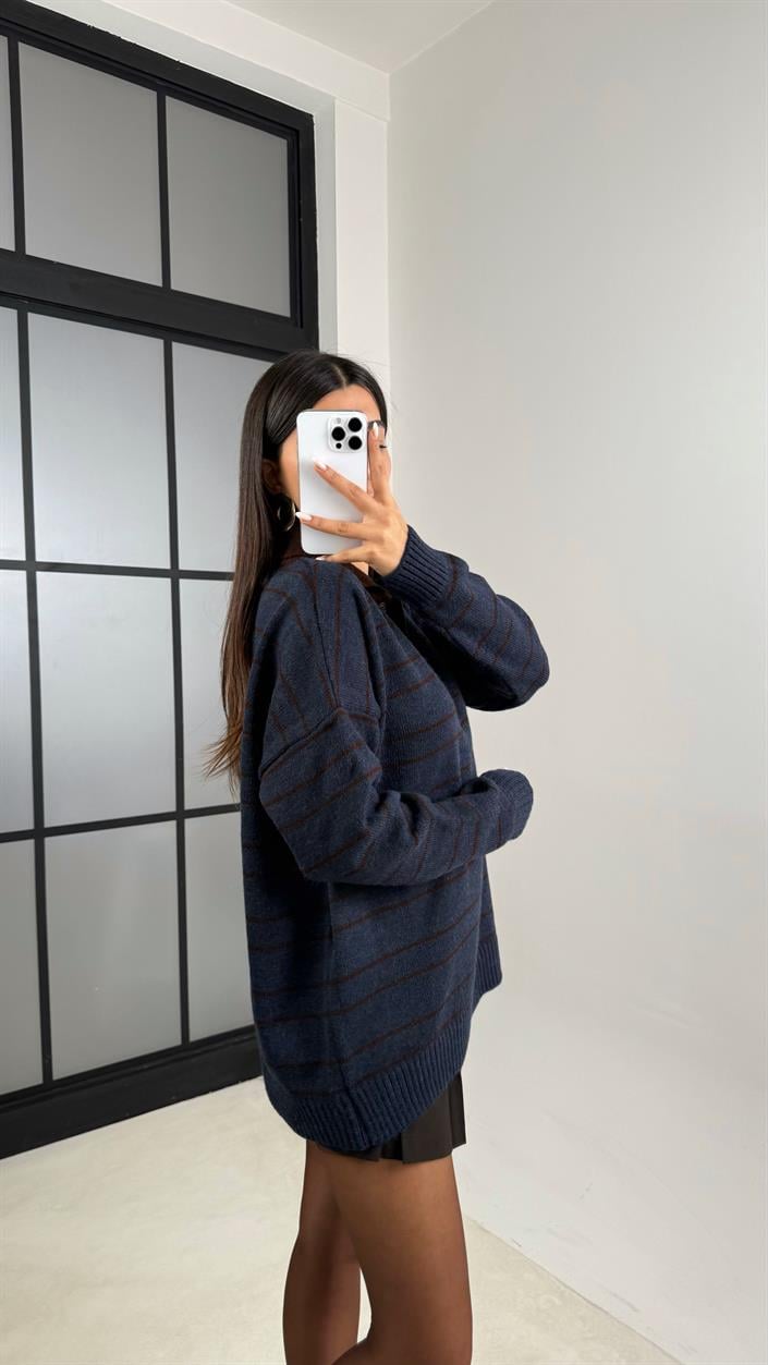 Lacivert Polo Yaka Çizgili Triko Kazak GAUS-00601