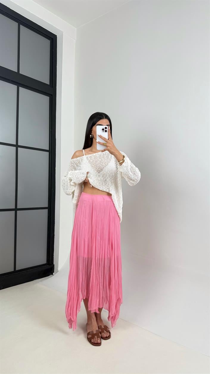 Pembe Astarlı Kırışık Şifon Muadil Etek Gaus00447