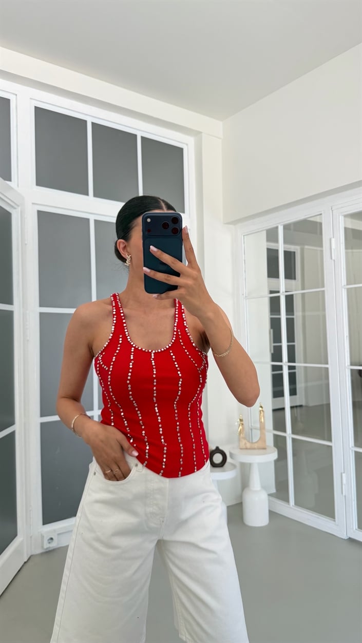 Kırmızı ZR Model Taşlı Zımbalı Atlet GAUS-01747
