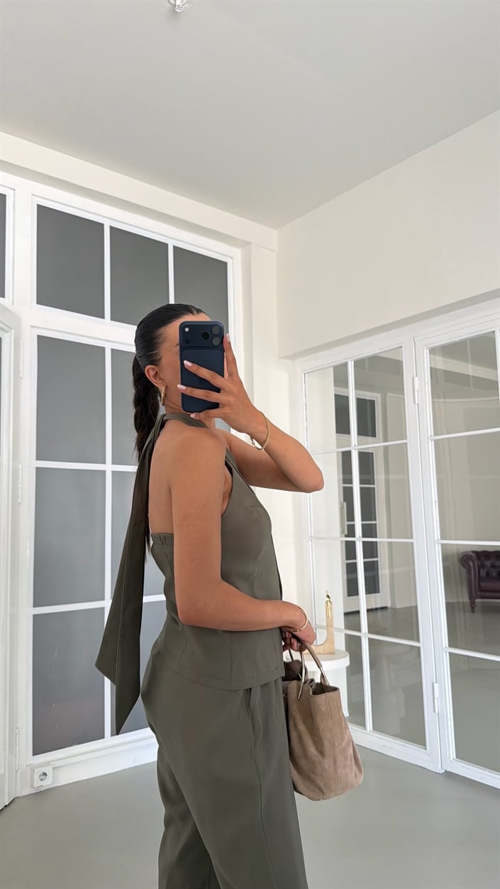 Haki Halter Yaka Yelek Beli Lastikli Pantolon Muadil Takım GAUS-01770