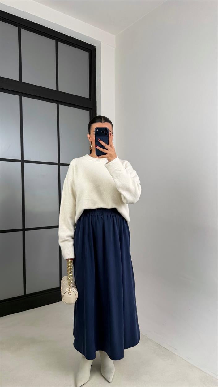 Lacivert Beli Lastikli Cepli Tencel Etek GAUS-00670