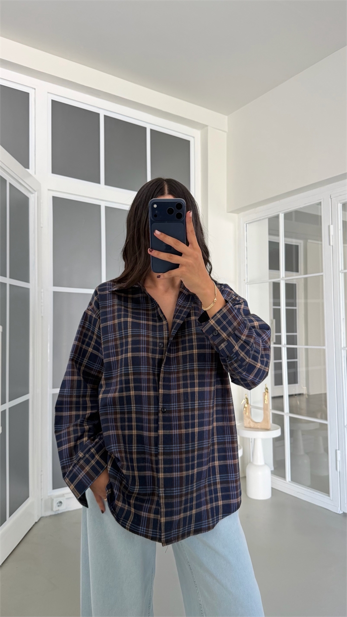 Lacivert Ekose Desenli Oversize Gömlek GAUS-01948