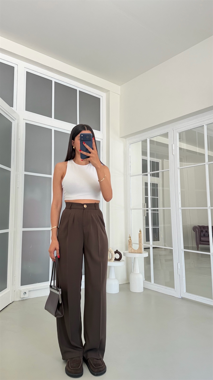 Acı Kahve Gold Düğmeli Tencel Pantolon GAUS-01844