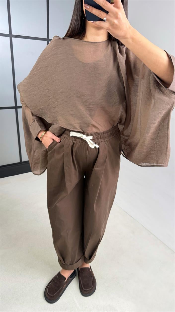 Kahve Beli Lastikli Muadil Pantolon GAUS-01119