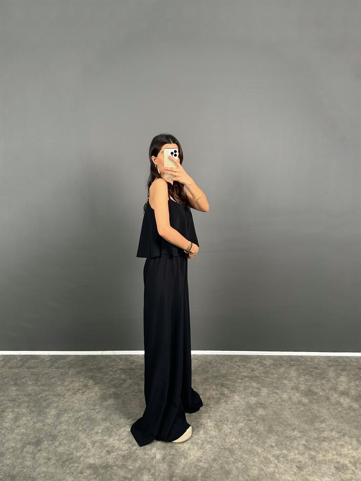 Blon Siyah İp Askılı  Crop Bluz Bol Paça Pantolon Zr Model İkili Takım