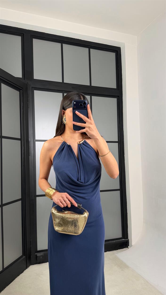 Lacivert Kolye Detaylı Premium Modal Kumaş Elbise GAUS-01367
