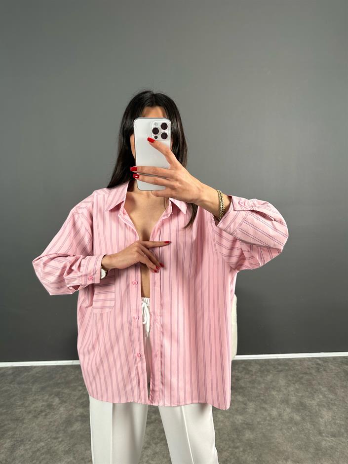 Megass Pembe Çizgili Oversize Gömlek 