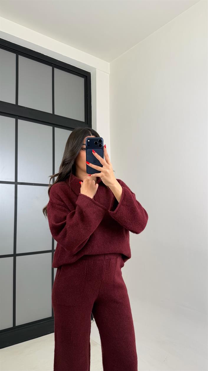 Bordo Polo Yaka Kazak Beli Lastikli Pantolon Triko Takım GAUS-00874