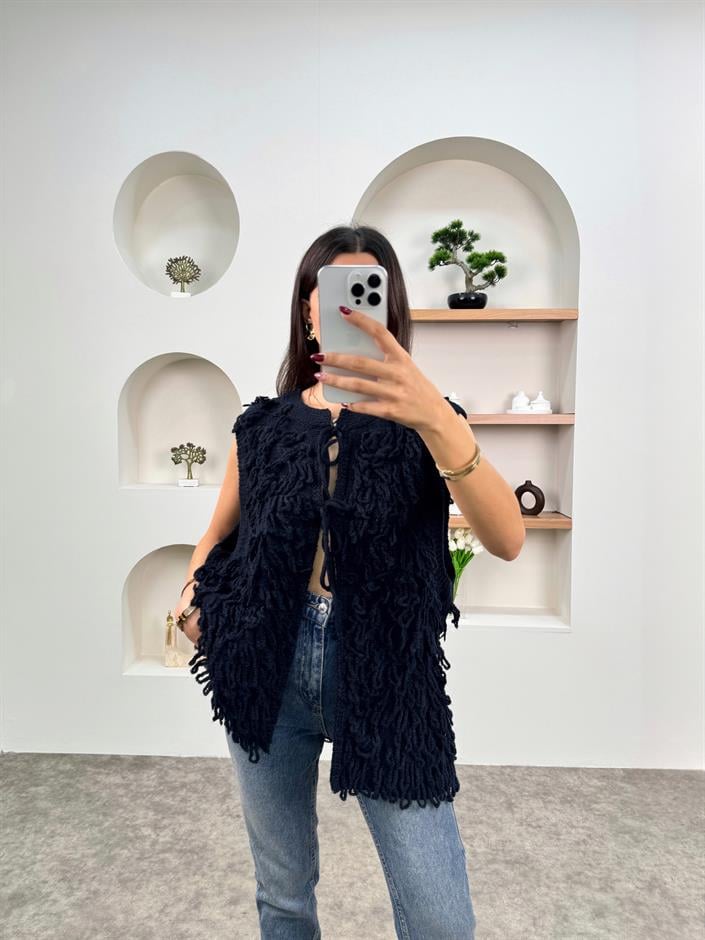 Sage Lacivert Püsküllü Bağlamalı Triko Yelek