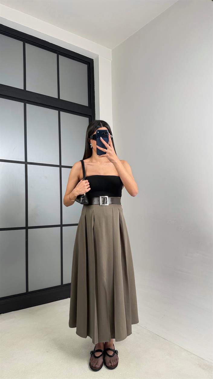 Haki Deri Kemerli Yırtmaçlı Tencel Etek GAUS-01088