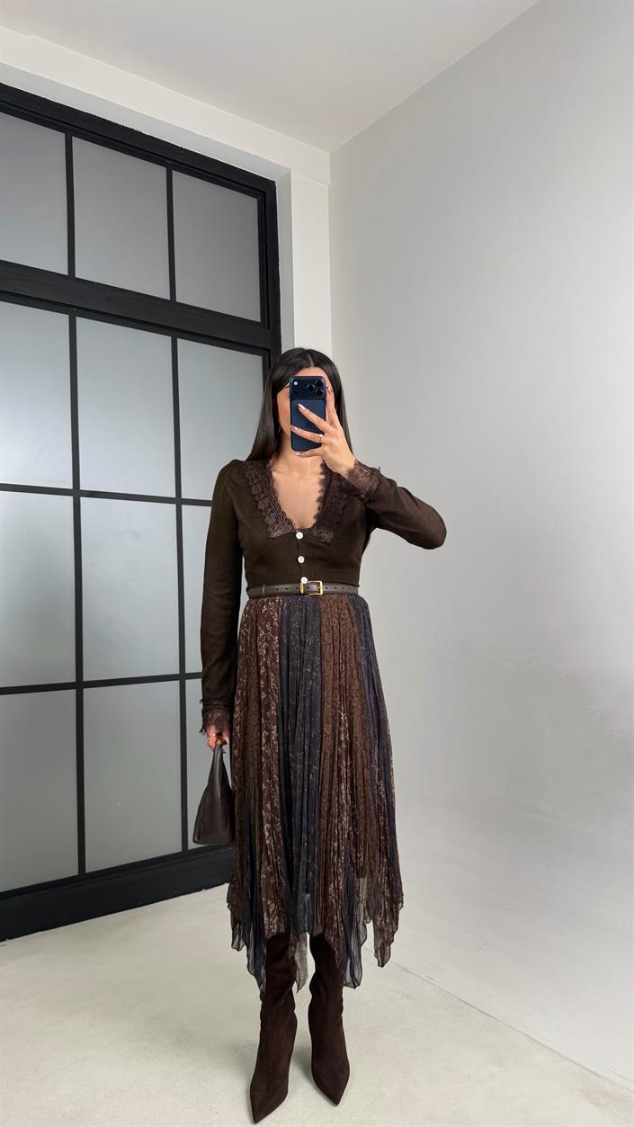 Lacivert Desenli Beli Lastikli Astarlı Tül Etek GAUS-01133