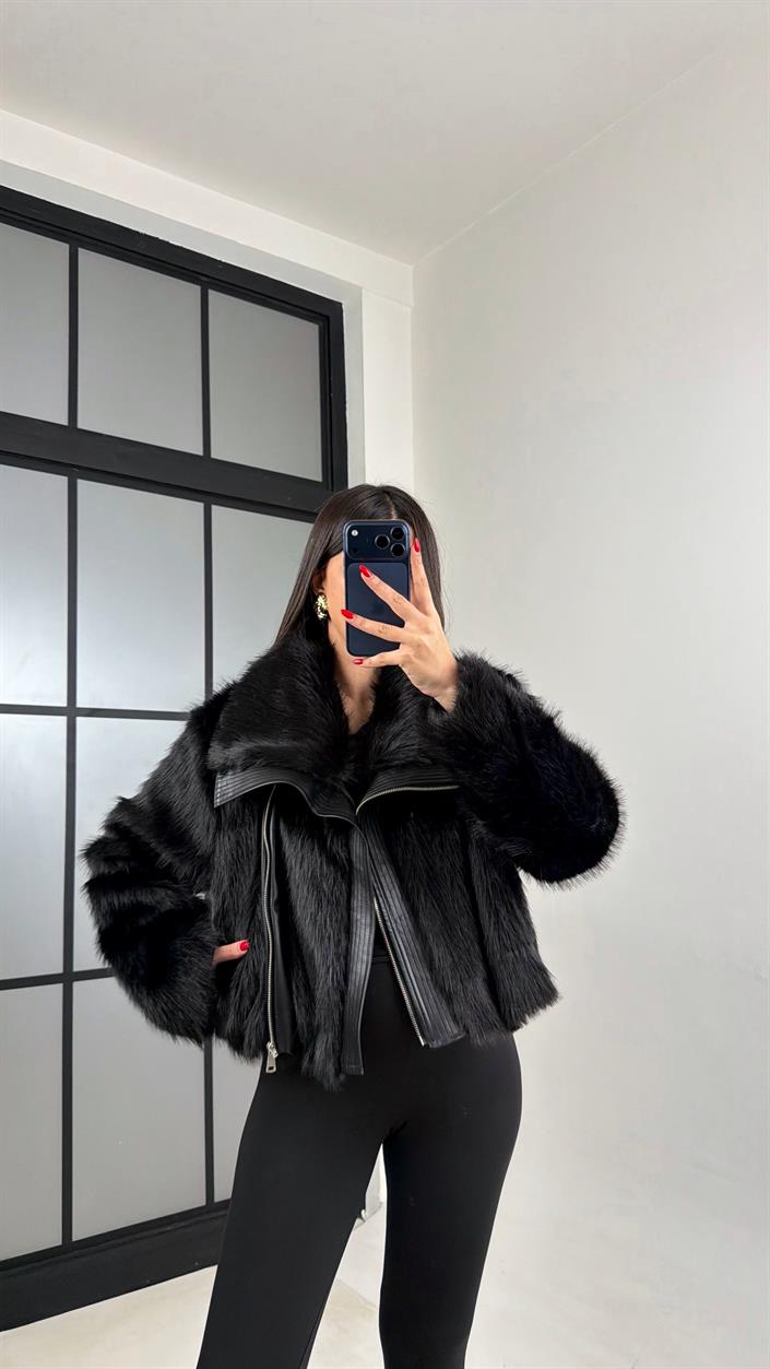 Siyah Astarlı Deri Detaylı Kürk Ceket GAUS-01017