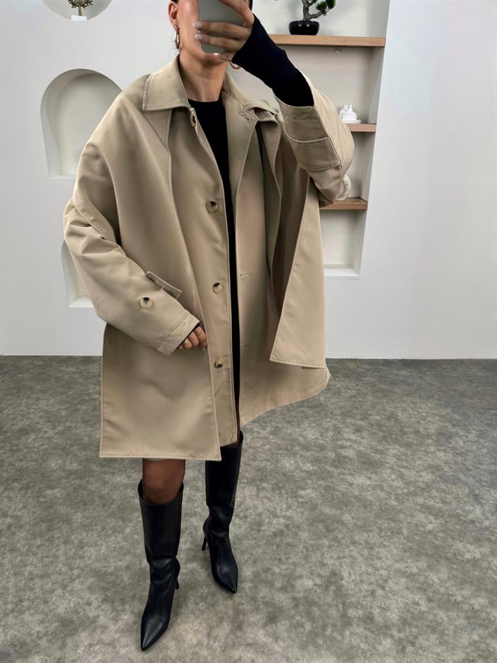 Farme Taş Şal Detaylı Astarlı Tasarım Trençkot