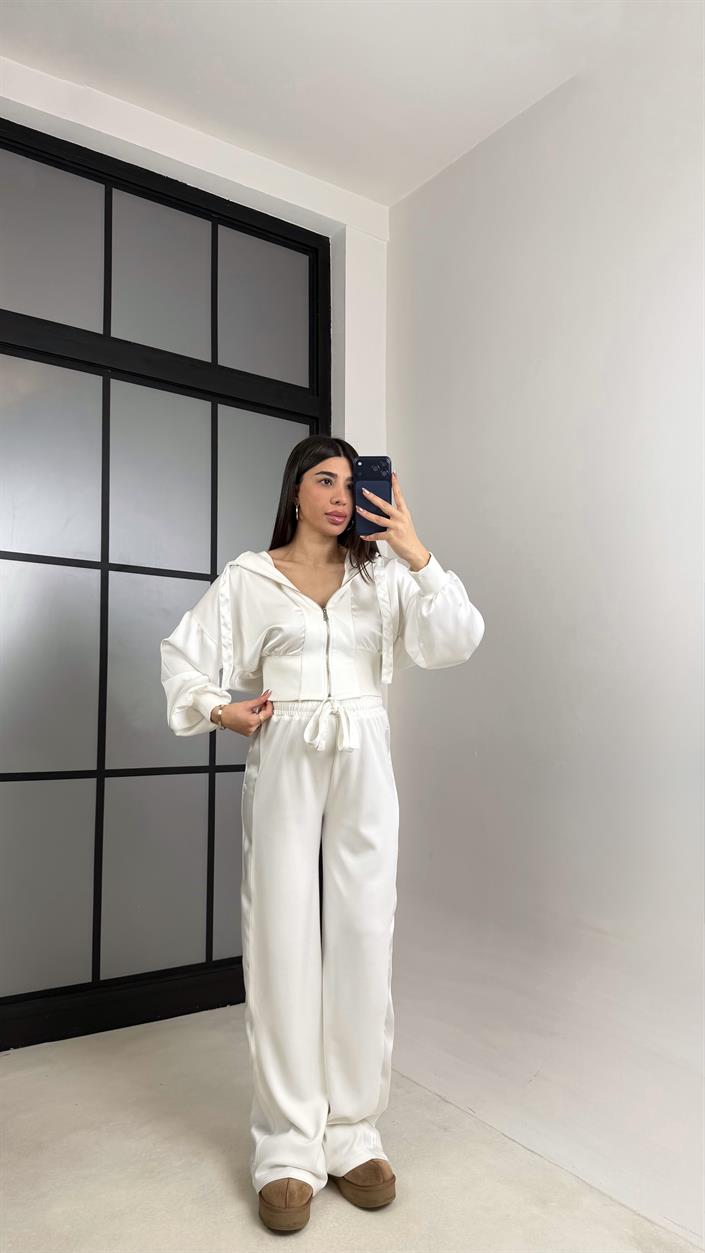 Beyaz Saten Detaylı Hırka Beli Lastikli Pantolon Tasarım Takım GAUS-01096