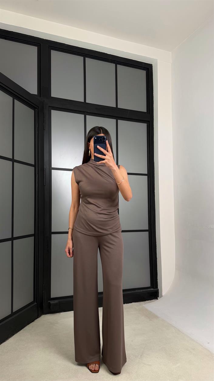 Vizon Sıfır Kol Bluz Beli Lastikli Pantolon Modal Takım GAUS-01348