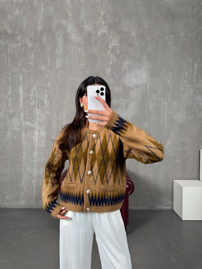 Manusa Camel Sakallı Desenli Düğmeli MD Hırka