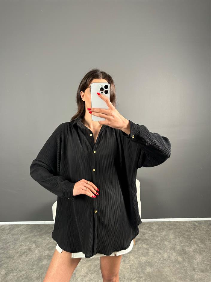 Siyah Plise Oversize Gömlek 
