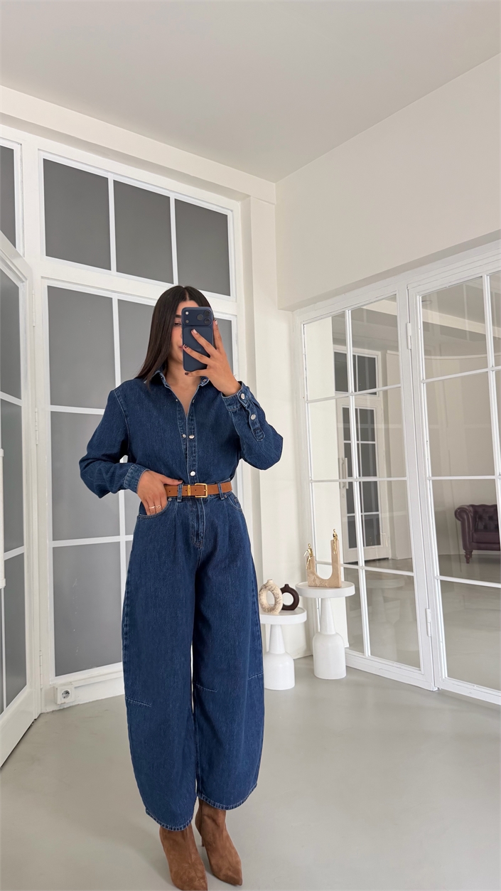 Lacivert Çıtçıt Düğmeli Gömlek Pantalon Denim Takım GAUS-01969