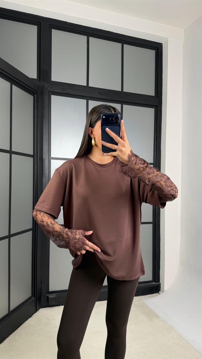 Kahve Kol Dantel Detaylı Modal Kumaş Basic Tshirt gaus-01209